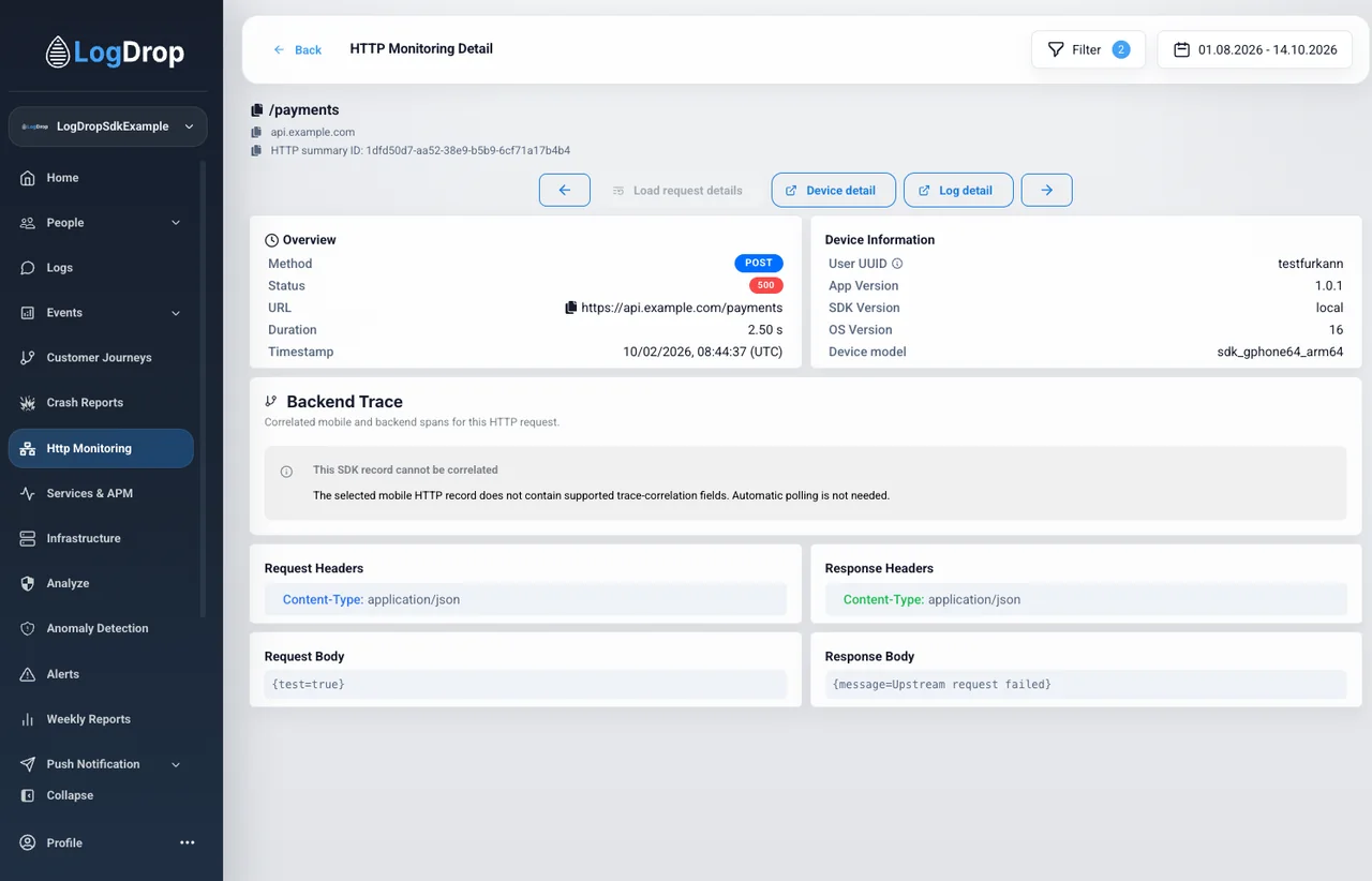 LogDrop HTTP monitoring detail screen with request, response, and device information